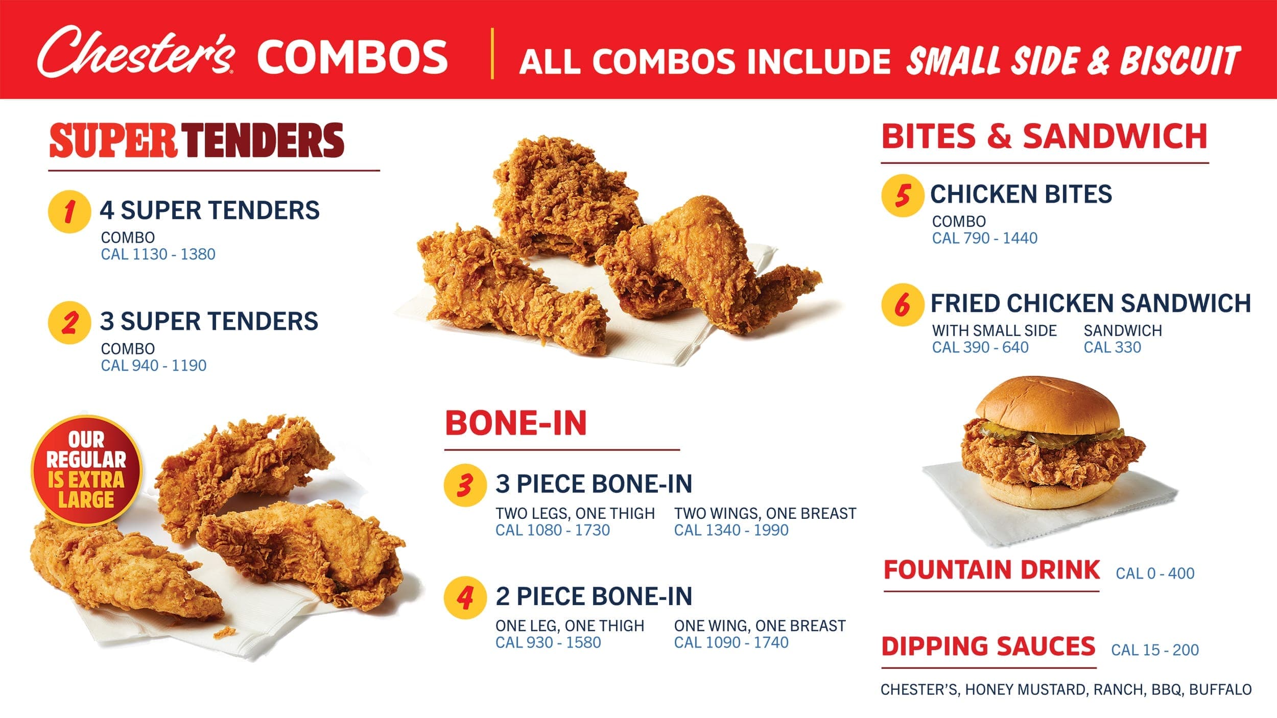 Chester's Chicken combos, tenders, bone-in chicken, bites, and sandwich menu panel