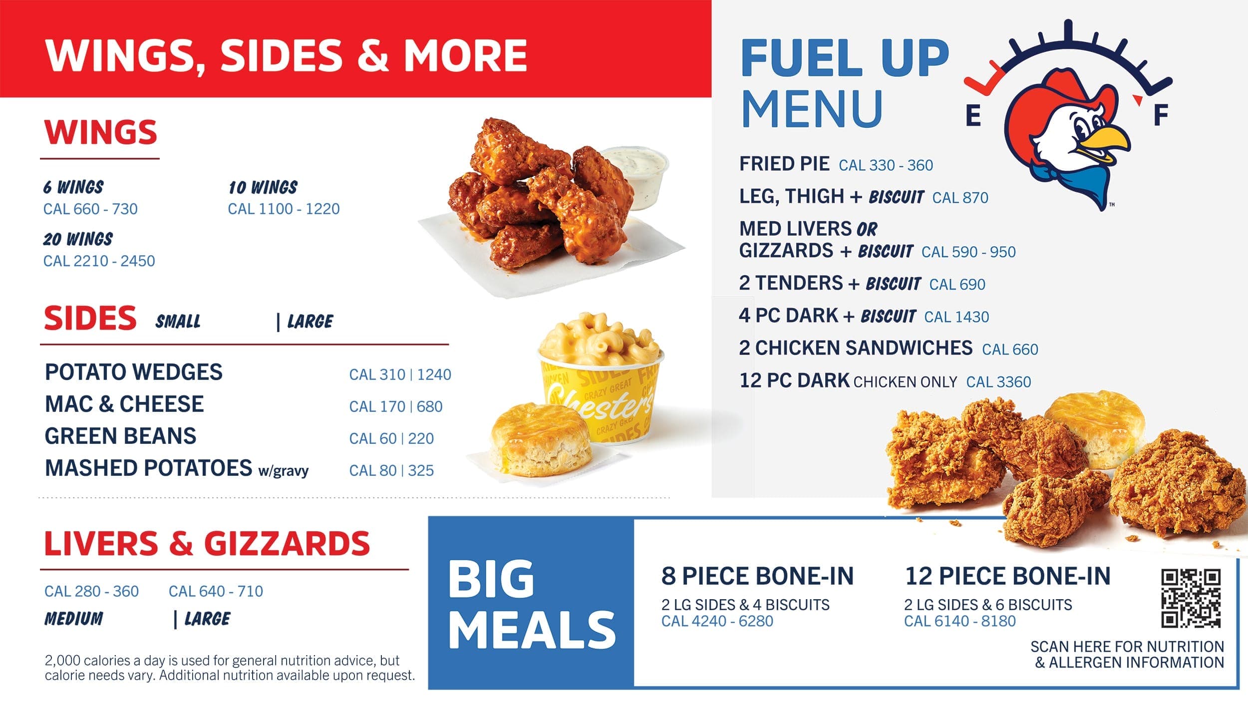 Chester's Chicken wings, sides, livers, gizzards, fuel-up menu, and big meals panel
